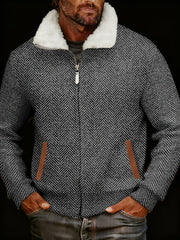 Men's Retro Casual Herringbone Print Fur Collar Zipper Jacket