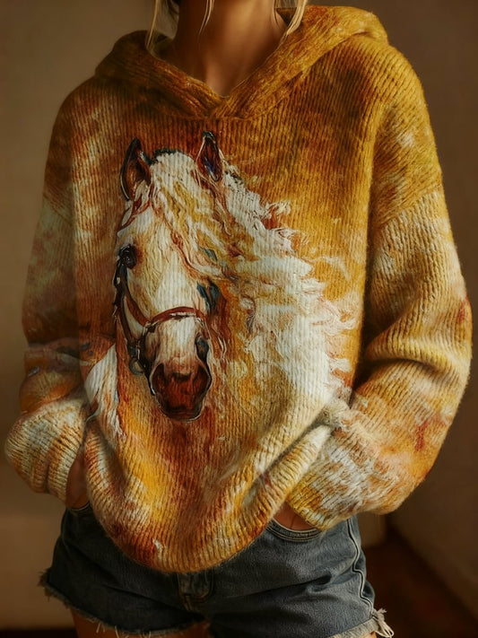 Women's Retro Horse Art Print Hooded Sweater