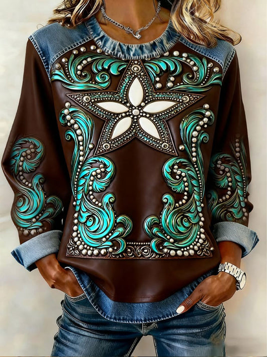 Women's Retro Western Denim Patchwork Top