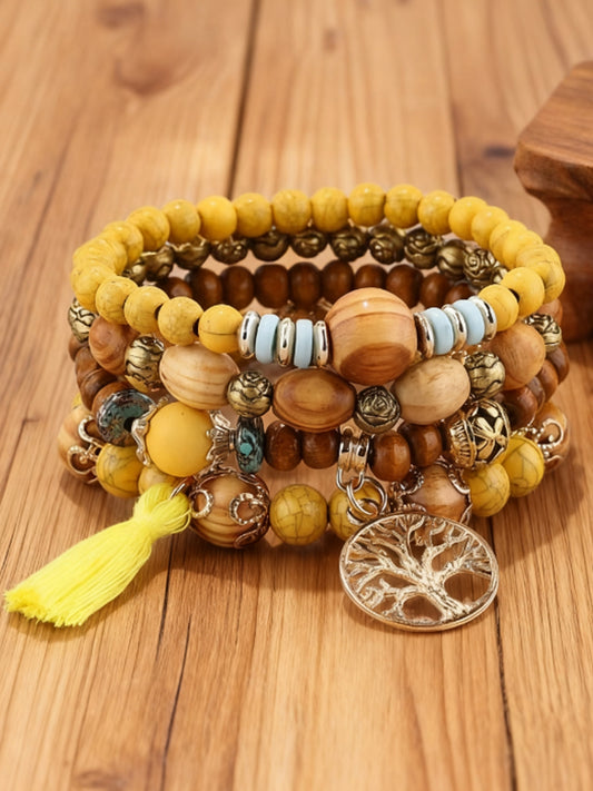 Women's Bohemian Ethnic Style Tassel Tree of Life Pendant Multi-layer Wooden Bead Bracelet