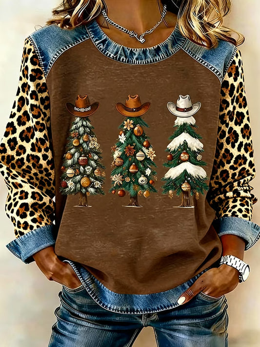 Women's Retro Christmas Season Artistic Pattern Patchwork Casual Sweatshirt