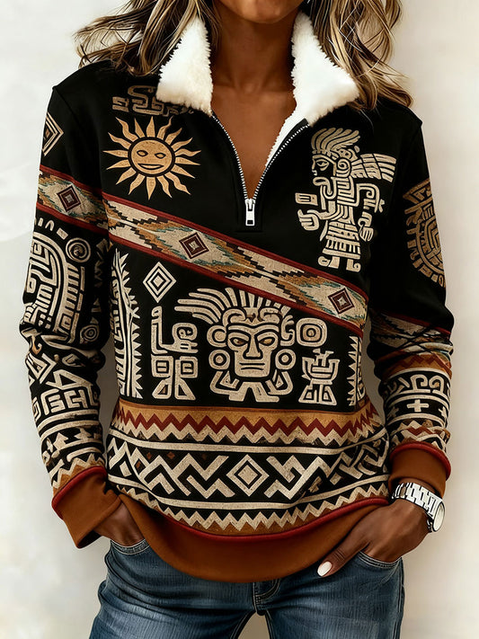 Women's Vintage Western Printed Casual Composite Fleece Hoodie