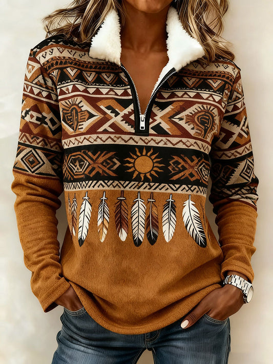 Women's Vintage Western Printed Casual Composite Fleece Hoodie