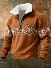 Men's Retro Western Print Jacquard Zipper Fur Collar Long Sleeve Sweatshirt