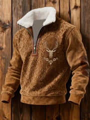 Men's Retro Western Print Jacquard Zipper Fur Collar Long Sleeve Sweatshirt