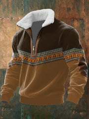 Men's Retro Western Print Jacquard Zipper Fur Collar Long Sleeve Sweatshirt