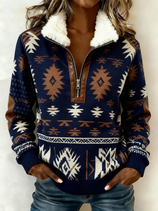 Women's Vintage Western Printed Casual Composite Fleece Hoodie