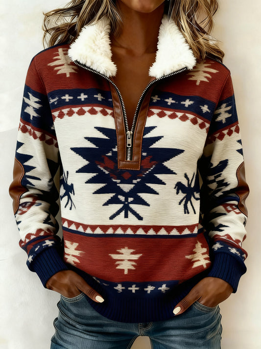 Women's Vintage Western Printed Casual Composite Fleece Hoodie