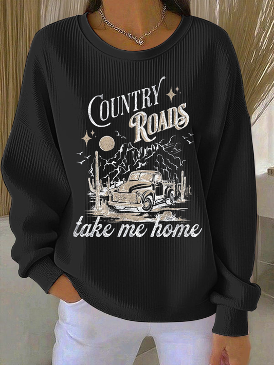 Women's Country Roads Take Me Home Ribbed Round-Neck Sweatshirt
