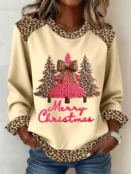 Women's Leopard Christmas Tree Pattern Patchwork Sweatshirt