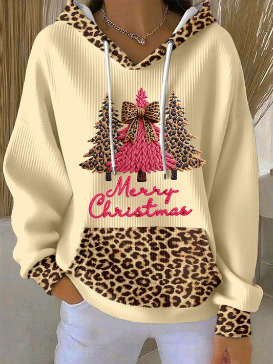 Women's Leopard Christmas Tree Pattern Patchwork Hoodie