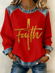 Women's Faith Cross Art  Denim Patchwork Top