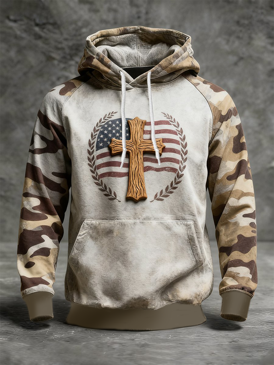 Men's Flag Cross Camouflage Oversized Drop-Shoulder Hoodie With Pockets