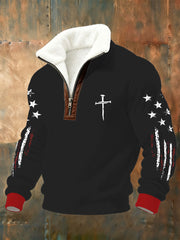 Men's Faith Cross Print Plush Stand Collar Shirt