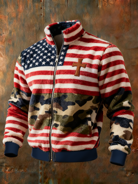 Men's Flag Cross Camouflage Flannel Zip Jacket