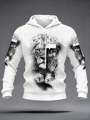 Men's Christian Jesus And Lion Cross Print Velvet Raglan Hoodie