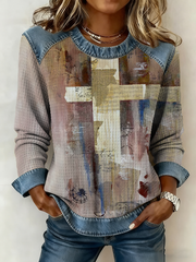 Women's faith art painting Denim Patchwork Top
