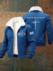 Men's Jesus The Way The Truth The Life Cross Fur Collar Zip-Up Jacket