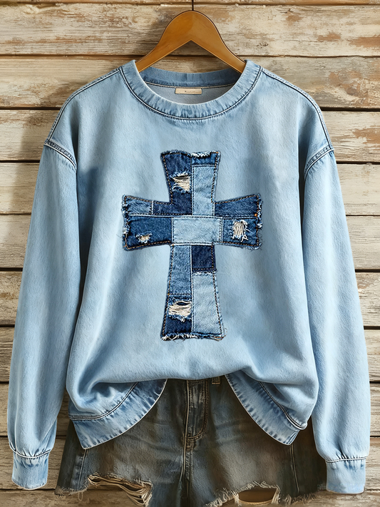 Women's Denim Patchwork Art Cross Pattern Sweatshirt