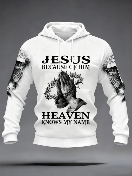 Men's Christian Lion And Jesus Heaven Knows My Name Print Velvet Raglan Hoodie