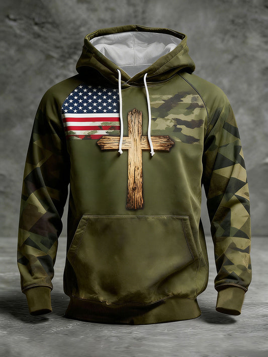 Men's Flag Cross Camouflage Oversized Drop-Shoulder Hoodie With Pockets