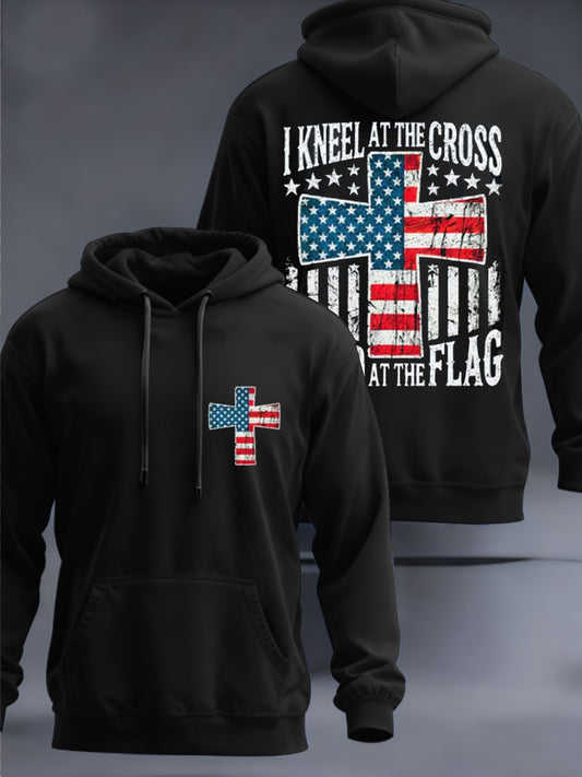 Men's I Kneel At The Cross Stand At The Flag American Flag Cross Hooded Sweatshirt