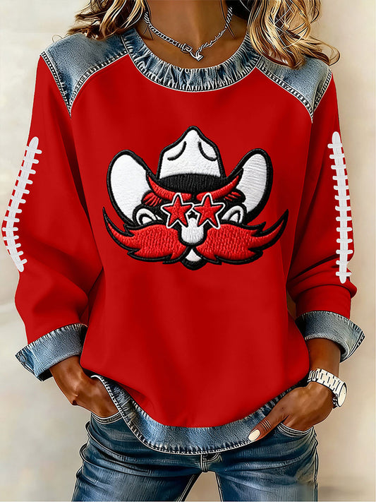 Women's Football Print Denim Patchwork Top