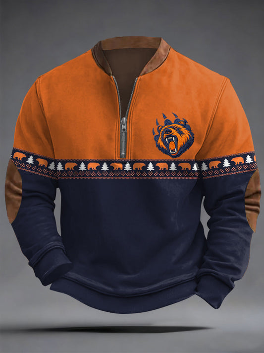 Men's Bear Print Football Fans Gameday Casual Zipper Sweatshirt