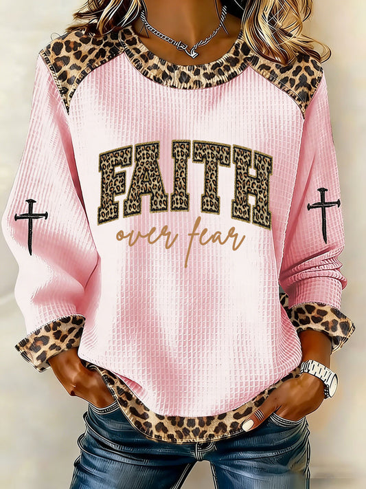 Women's Faith Over Fear Leopard Print Denim Patchwork Top