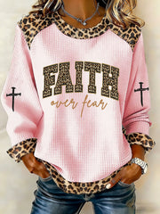 Women's Faith Over Fear Leopard Print Denim Patchwork Top