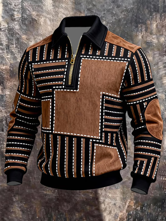 Men's Vintage Patchwork Zip Lapel Sweatshirt