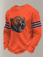 Men's Bear Print Football Fans Gameday Casual Waffle Long Sleeve T-Shirt