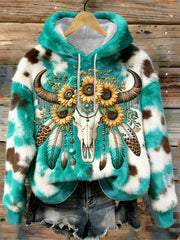 Women's Western Bull Skull & Sunflowers Turquoise Cozy Flannel Hoodie
