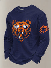 Men's Bear Print Football Fans Gameday Casual Waffle Long Sleeve T-Shirt