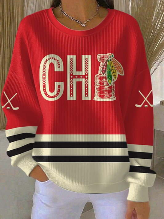 Women's Vintage Hockey Print Ribbed Round-Neck Sweatshirt