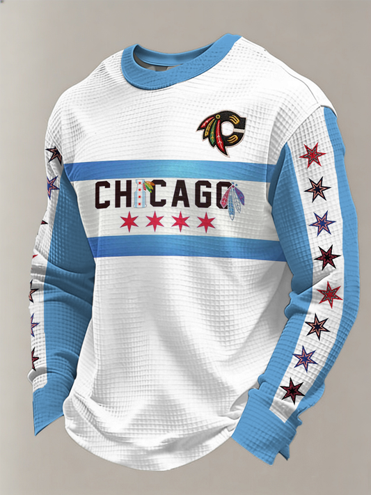 Men's Vintage Hockey Print Waffle Crewneck Sweatshirt