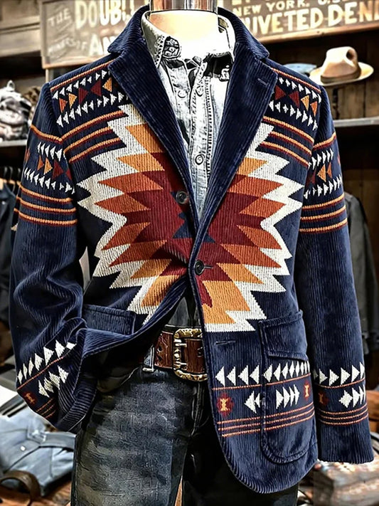 Men's Vintage Western Ethnic Aztec Pattern Corduroy Blazer