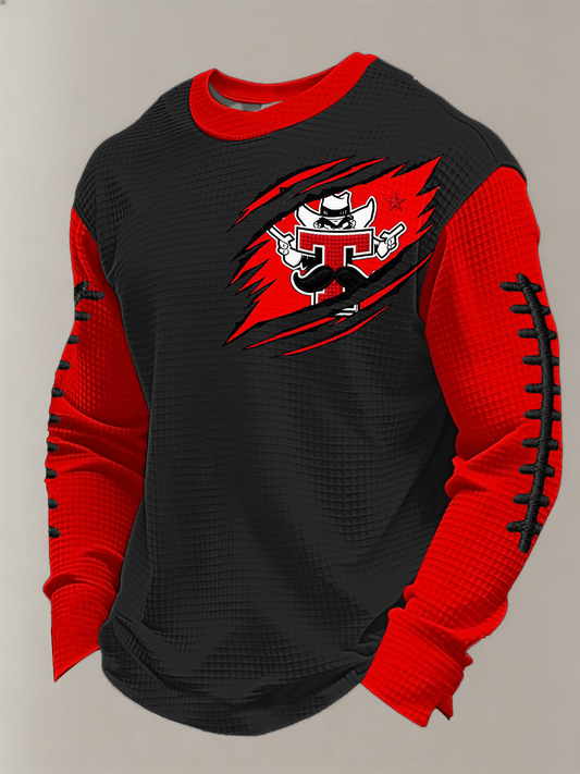 Men's Retro Football Print Waffle Long Sleeve T-Shirt
