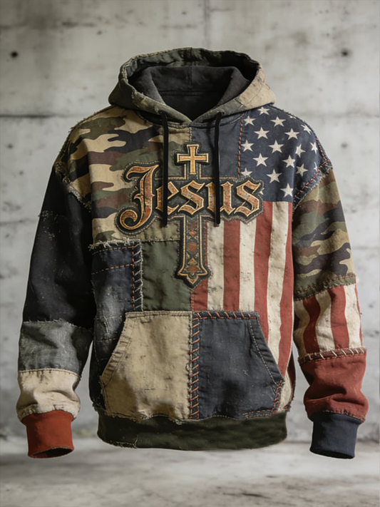Men's Jesus Flag Camouflage Oversized Drop-Shoulder Hoodie With Pockets