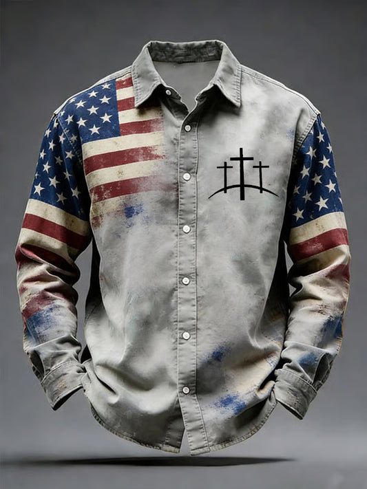 Men's Vintage Flag Christian Cross Printed Shirt