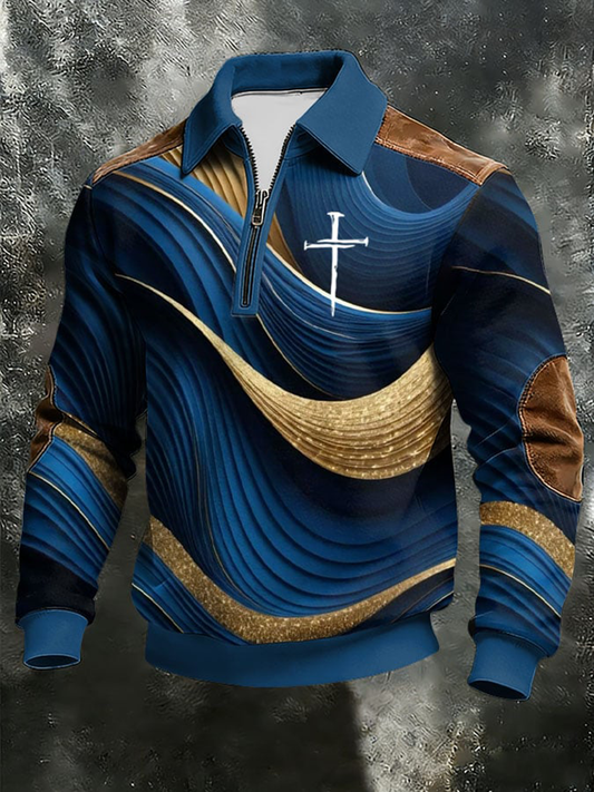Men's Vintage Faith Cross Zipper Stand Collar Sweatshirt