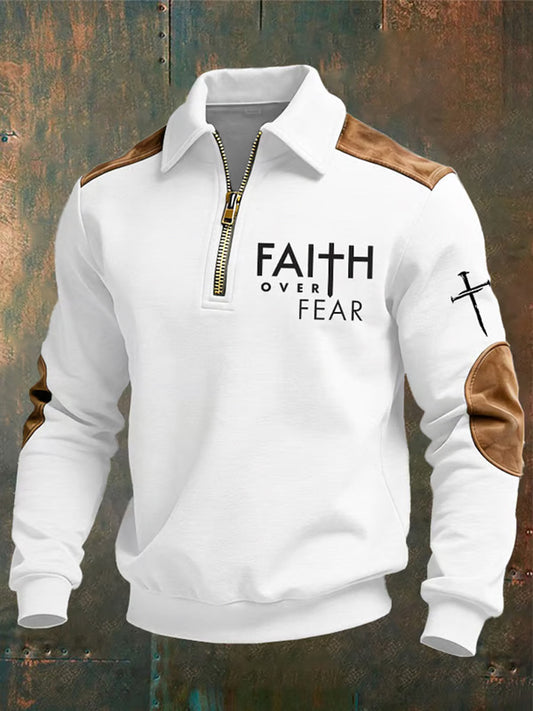 Men's Christian Faith Over Fear Cross Printed Collar Zipper Sweatshirt