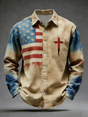 Men's Vintage Flag Christian Cross Printed Shirt