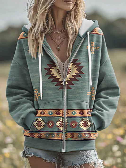 Women's Vintage Western Aztec Art Zip-Up Hoodie