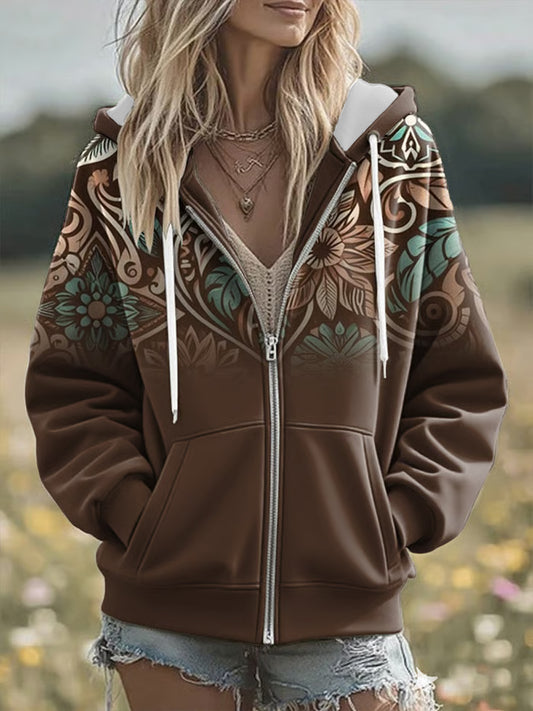 Women's Vintage Western  Art Zip-Up Hoodie