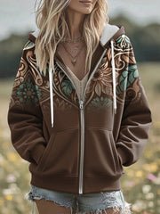 Women's Vintage Western  Art Zip-Up Hoodie