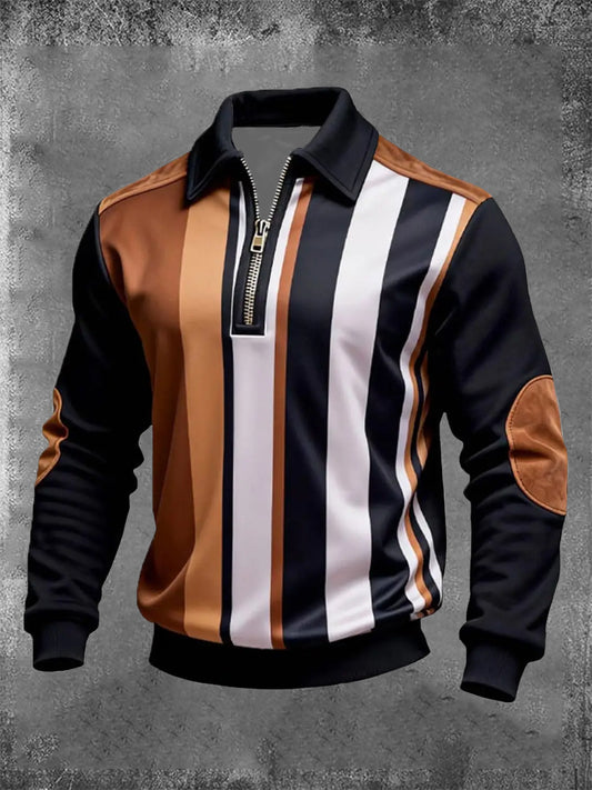 Men's Vintage Striped Color Block Print Zipper Lapel Sweatshirt