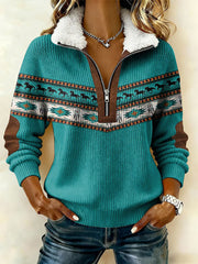Women's Vintage Western Aztec Printed Fur Collar  Sweatshirt