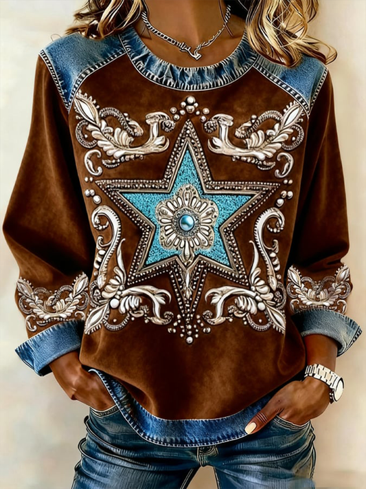 Women's Western Print Denim Patchwork Top