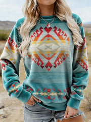 Women's Vintage Western Ethnic Aztec Pattern Casual Flannel Sweatshirt
